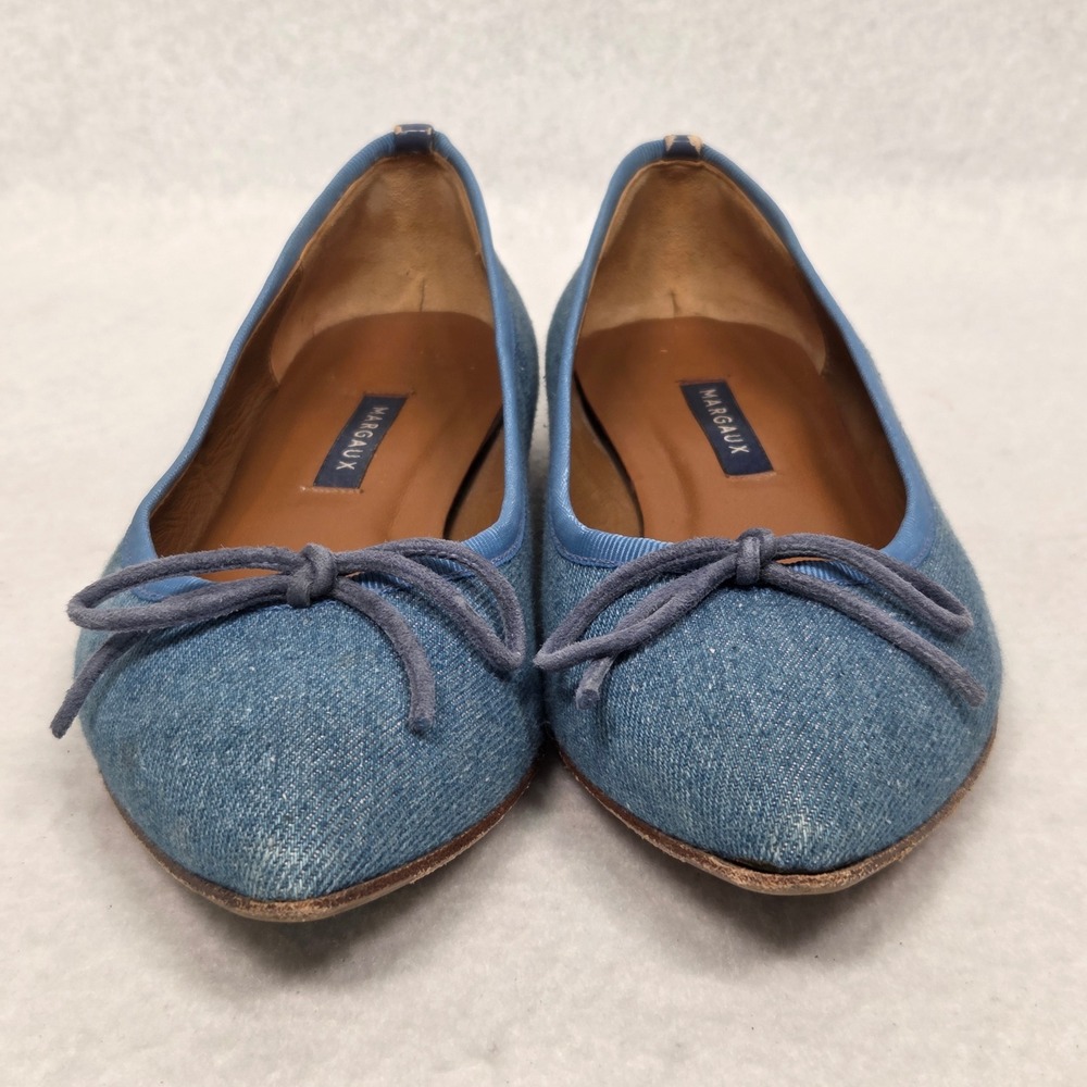 Margaux Ballet Flats Womens 8 Blue Denim Pointed Toe Bow Leather Lined Handmade - Picture 2 of 15